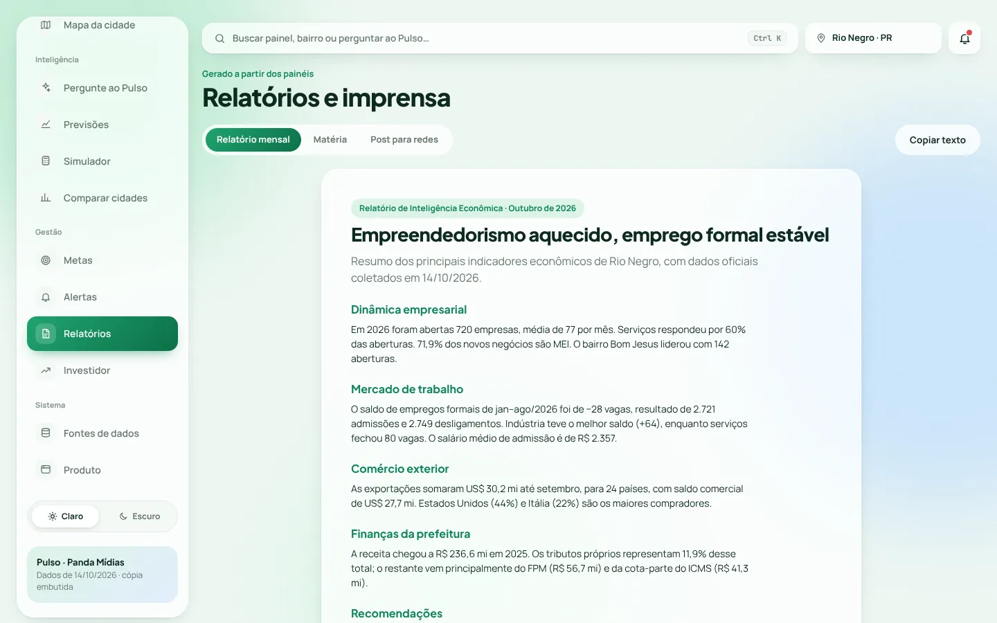 Relatório mensal gerado automaticamente a partir dos painéis
